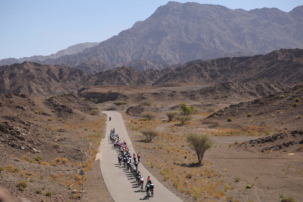 The pack rides during the fifth stage of the 2023 Tour of Oman from Samail Al Fayhaa Resthouse to Jabal Al Akhdhar Green Mountain on February 15 2023 Photo by Thomas SAMSON AFP Photo by THOMAS SAMSONAFP via Getty Images