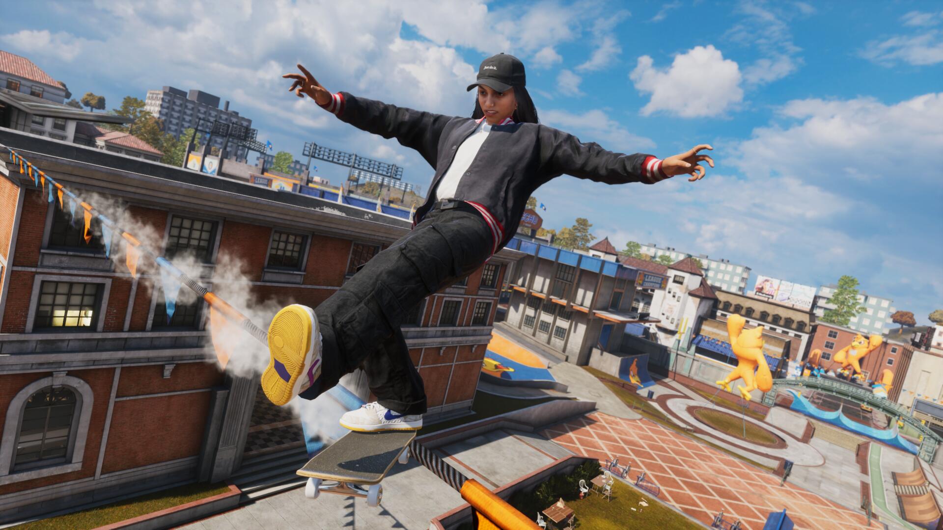 Rayssa Leal grinds along a wire in the College in Tony Hawk's Pro Skater 3 + 4