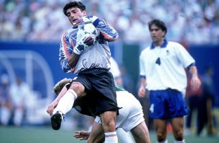 Italy goalkeeper Gianluca Pagliuca catches a ball at the 1994 World Cup.
