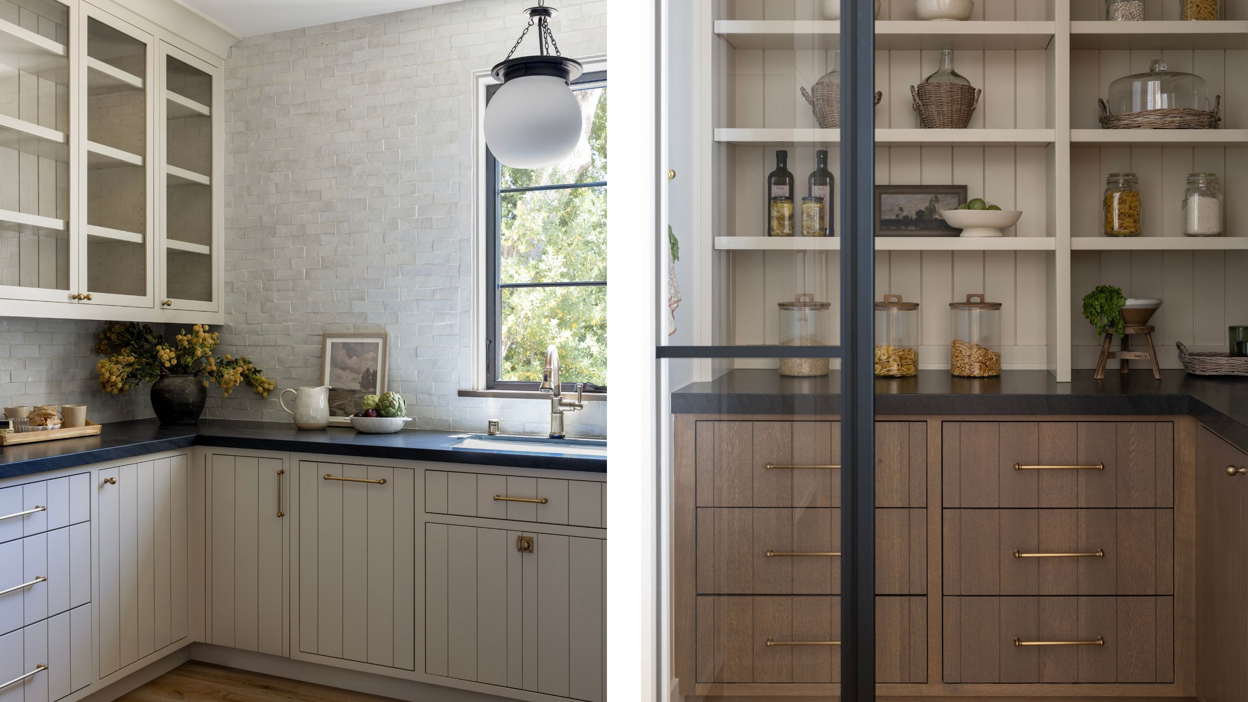two side by side images of a layered warm back kitchen and paneled pantry