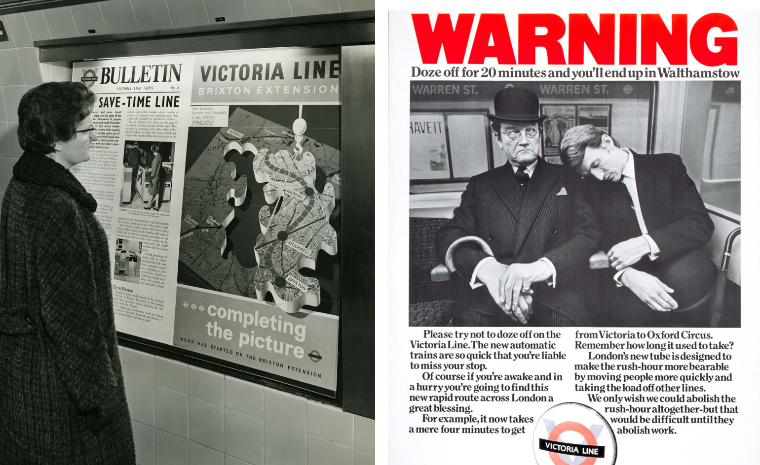 A woman wearing an overcoat staring at two Victoria line posters circa 1968