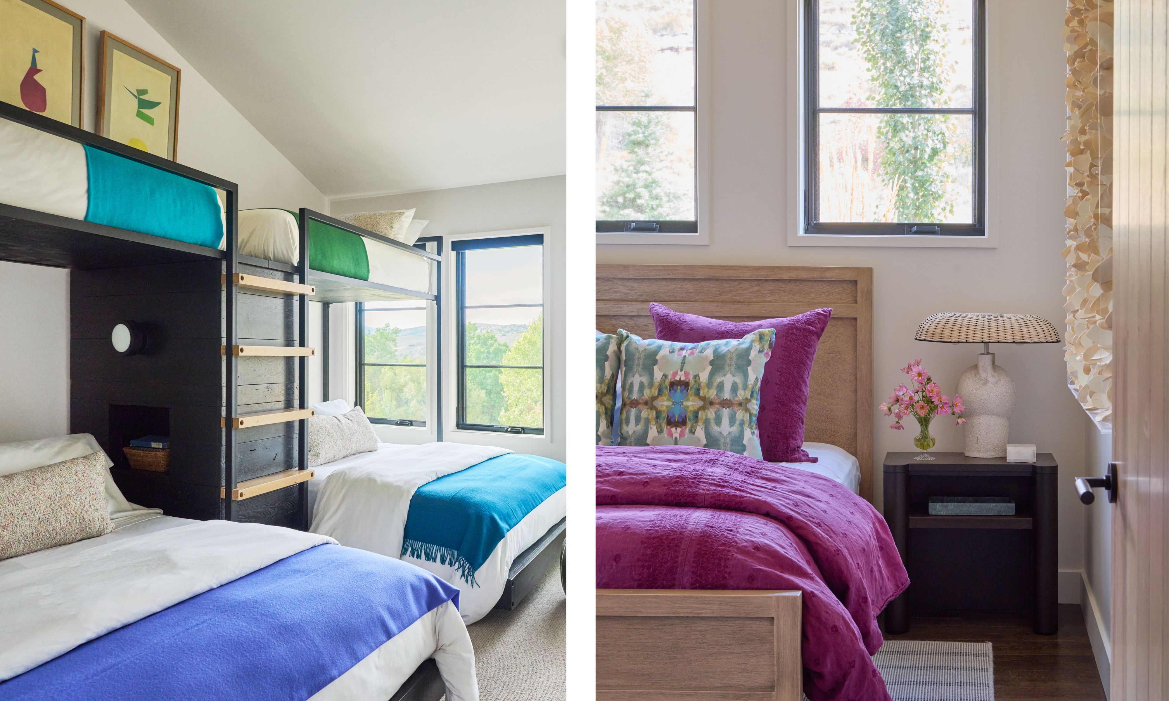 Left image: a bunk room with white walls and large windows and the beds have white sheets with bright blue and green throw blankets. Right image: Neutral bedroom with a wooden bed frame and two large windows above the bed. The bed is dressed in a bold pink bedding.