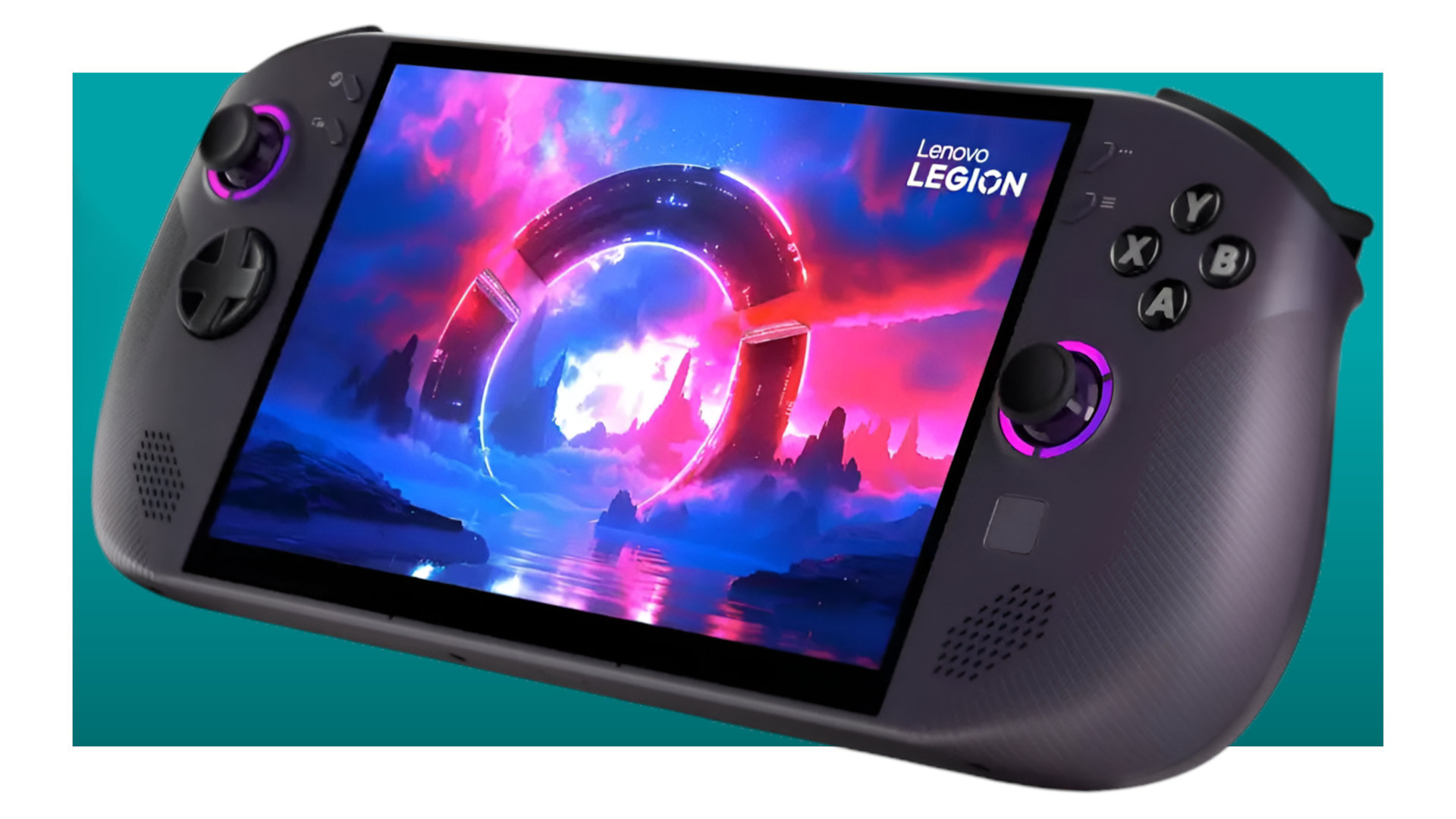 An image of a Lenovo Legion Go S SteamOS edition handheld gaming PC against a teal background with a white border.