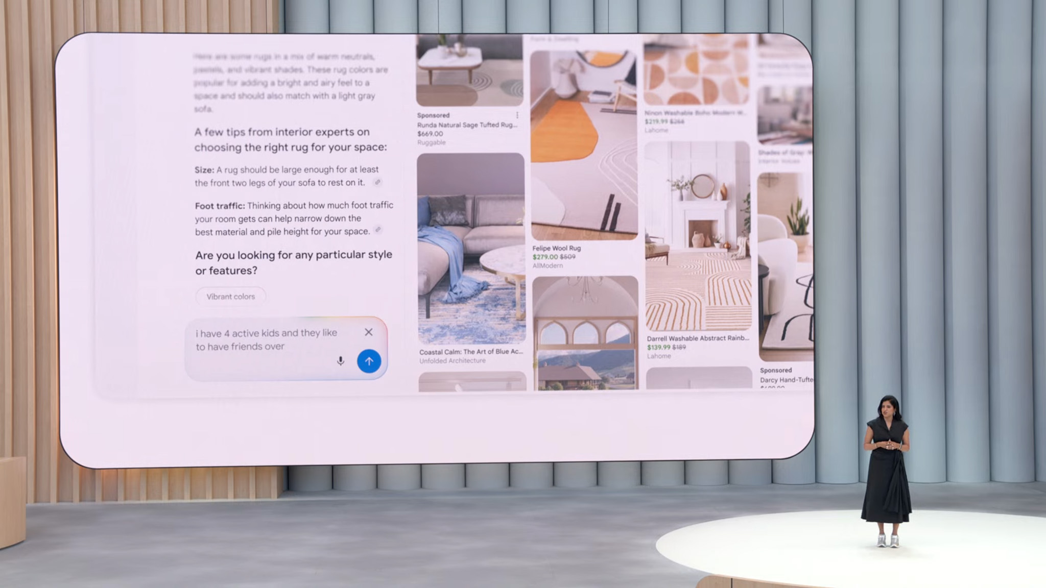 Shopping using the new Google AI Mode search on stage at Google I/O 2025