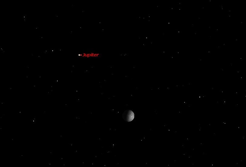 Jupiter up and to the left of the moon, labeled