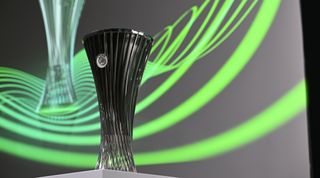 The UEFA Europa Conference League trophy is pictured ahead of the 2022/23 UEFA Europa Conference League knockout round play-off draw at UEFA headquarters, the House of European Football, on November 7, 2022 in Nyon, Switzerland.