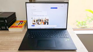 LG Gram 17 Pro (2023) review unit on desk showing Bing with ChatGPT
