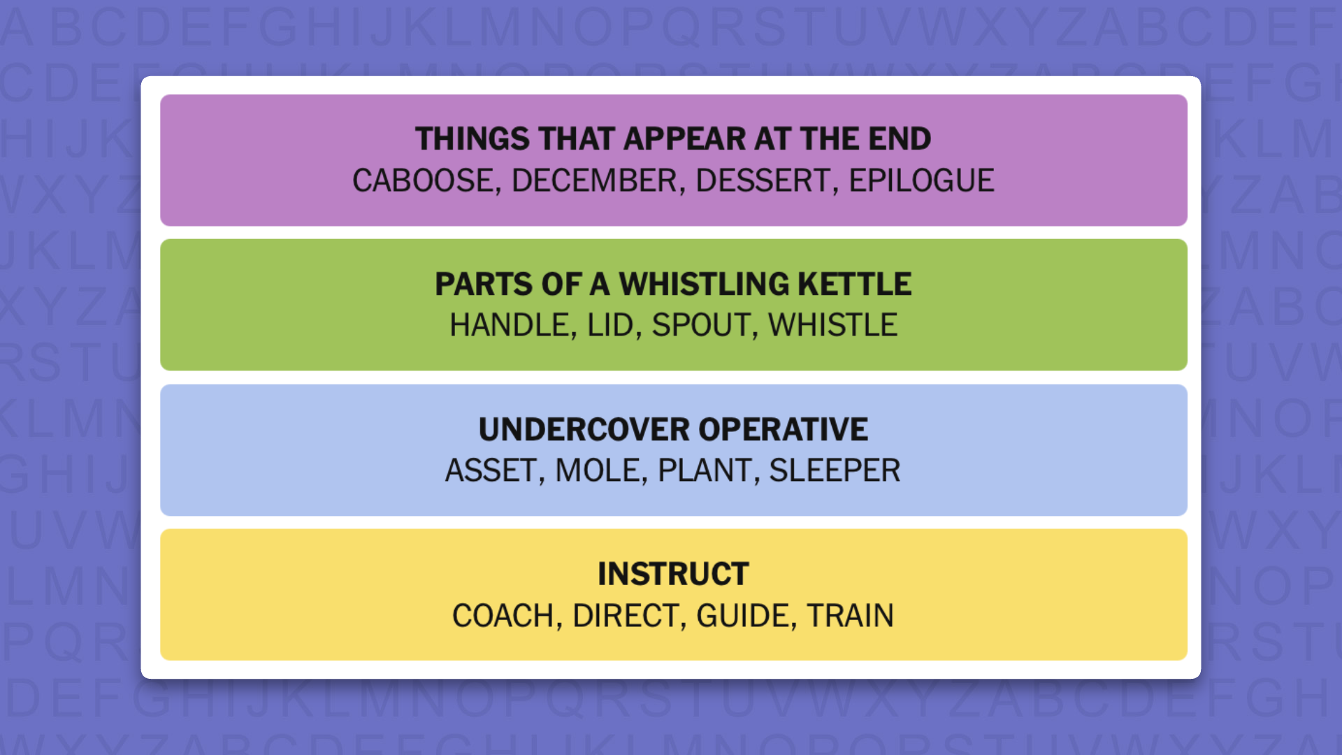 NYT Connections answers for game 1192 on a purple background