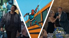 A collage image showing a man walking in a street, an animated spider-man swinging from a bus and two people holding a microphone at a reception 