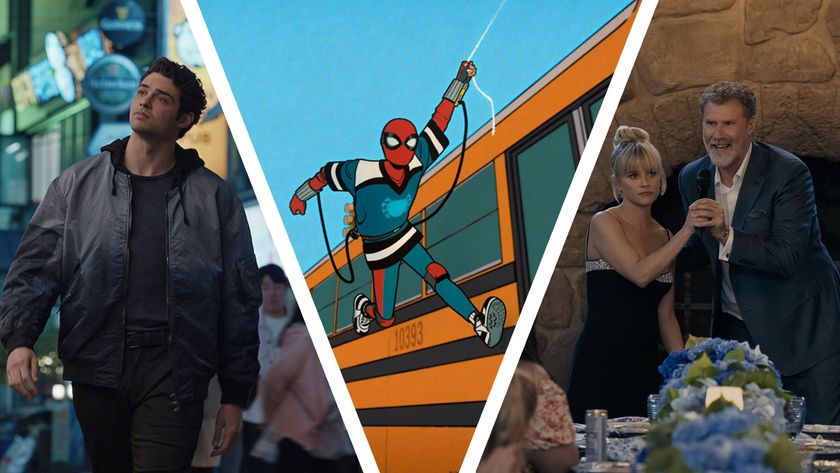 A collage image showing a man walking in a street, an animated spider-man swinging from a bus and two people holding a microphone at a reception 