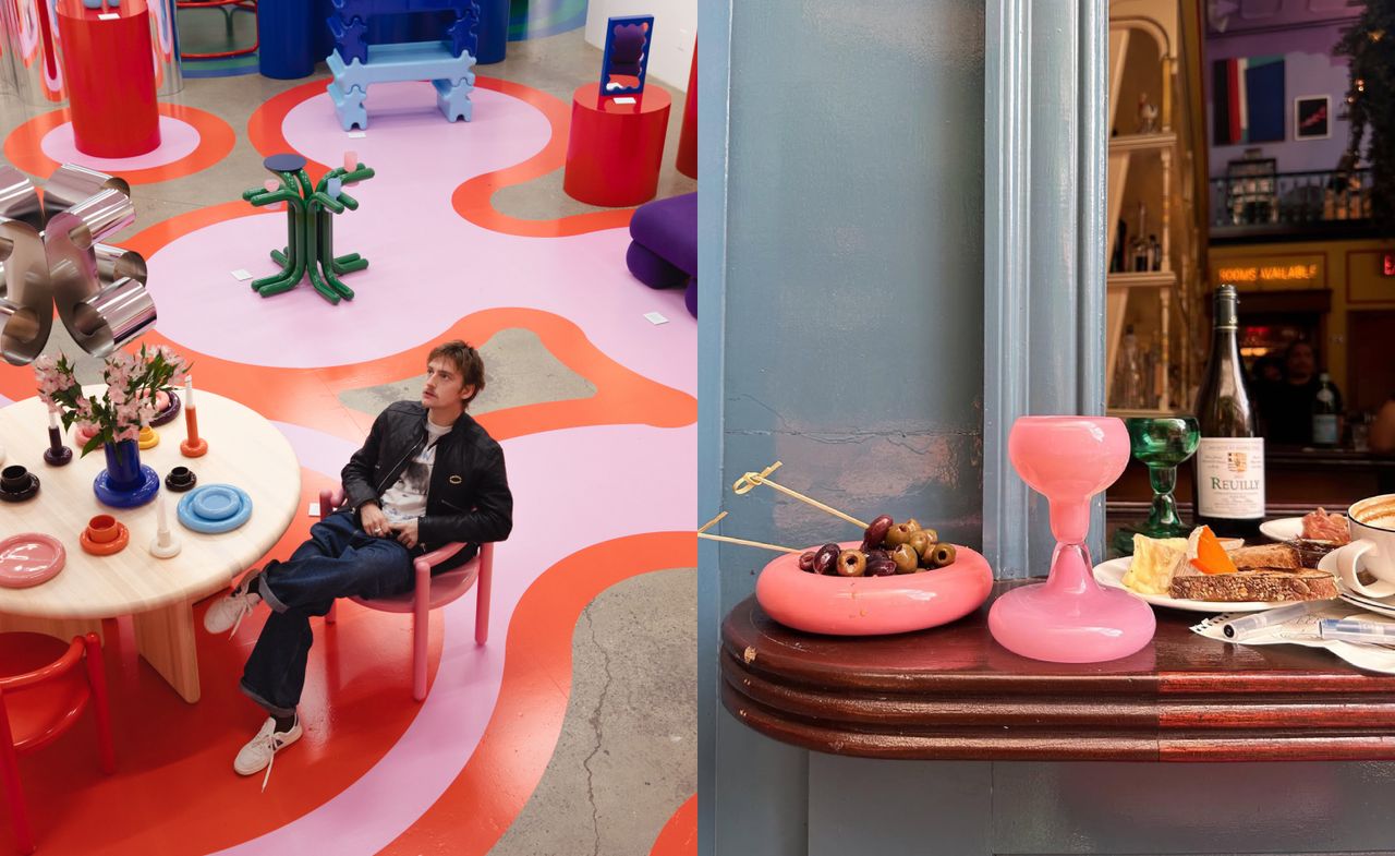 Left, designer Gustaf Westman, who gives us a Stockholm local&#039;s guide, seen amid design display. Right, food at a restaurant 