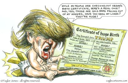 Political cartoon U.S. 2016 election Donald Trump birth certificate