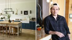 a splitscreen with a blue and white kitchen with a butcher block island on the left and a picture of brooklyn beckham on the right