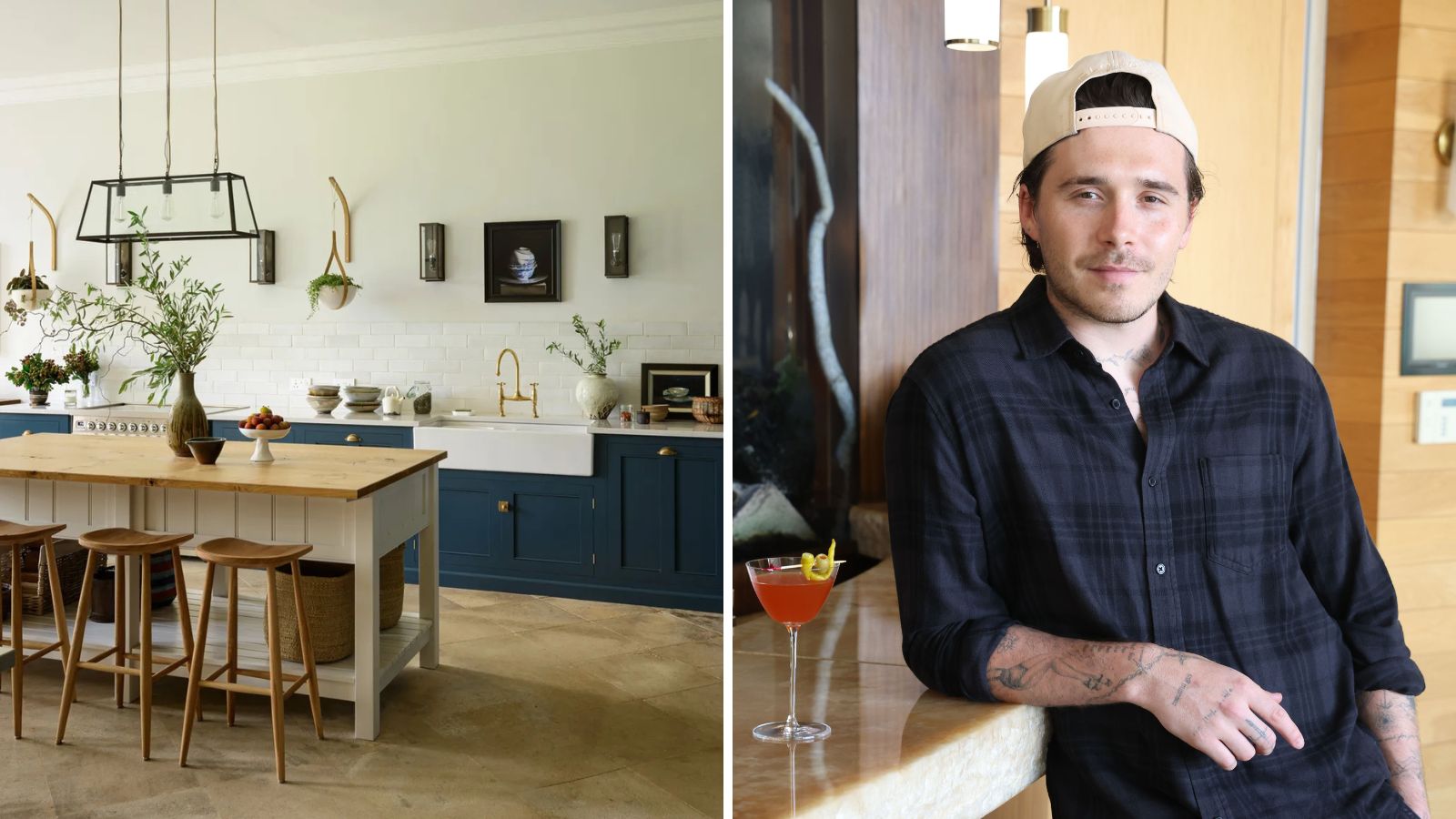 a splitscreen with a blue and white kitchen with a butcher block island on the left and a picture of brooklyn beckham on the right