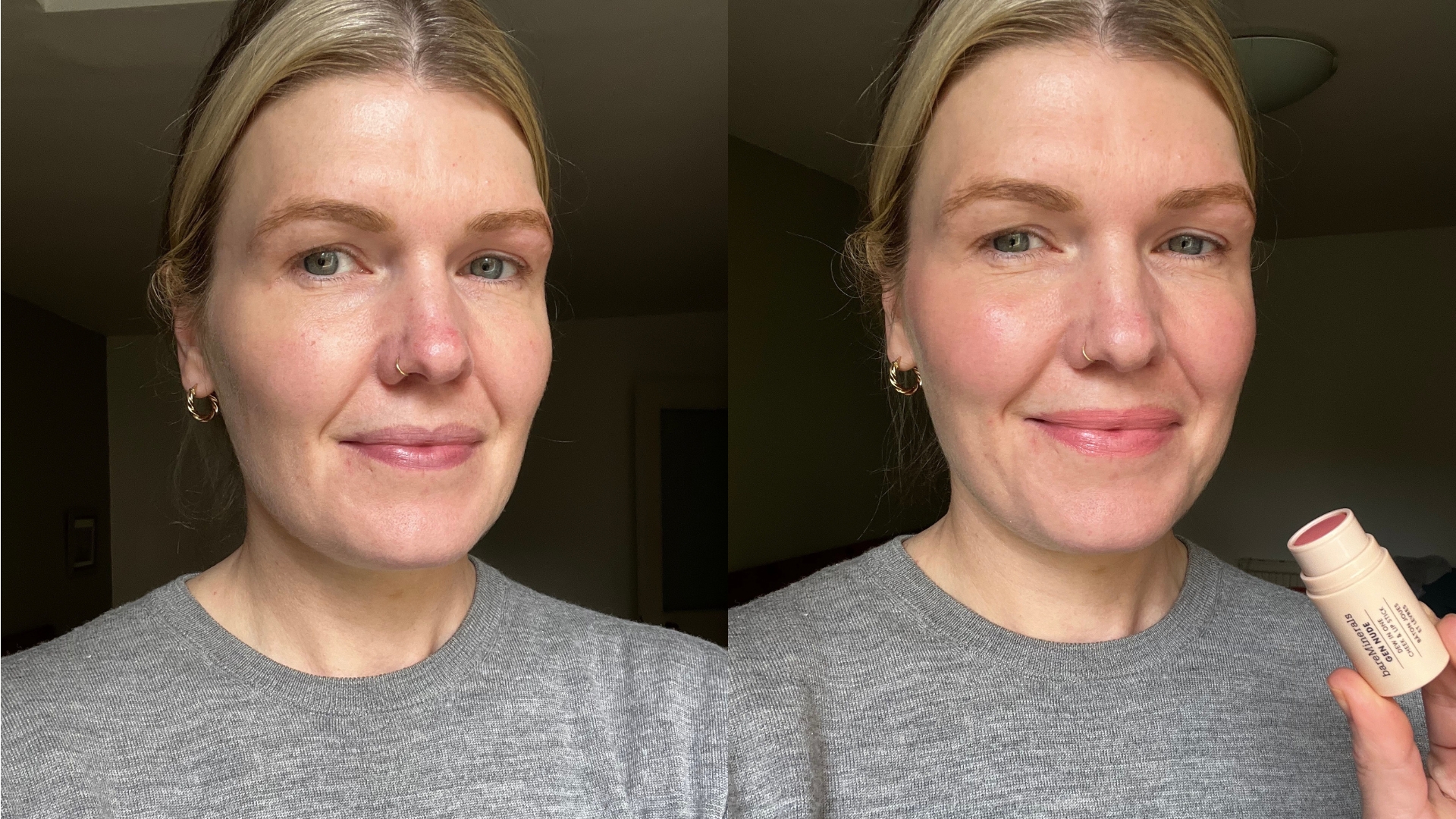Fiona McKim before applying the bareMinerals GEN NUDE&amp;reg; Dew-In-One Cheek &amp;amp; Lip Stick (L) and after applying the blush stick (R)