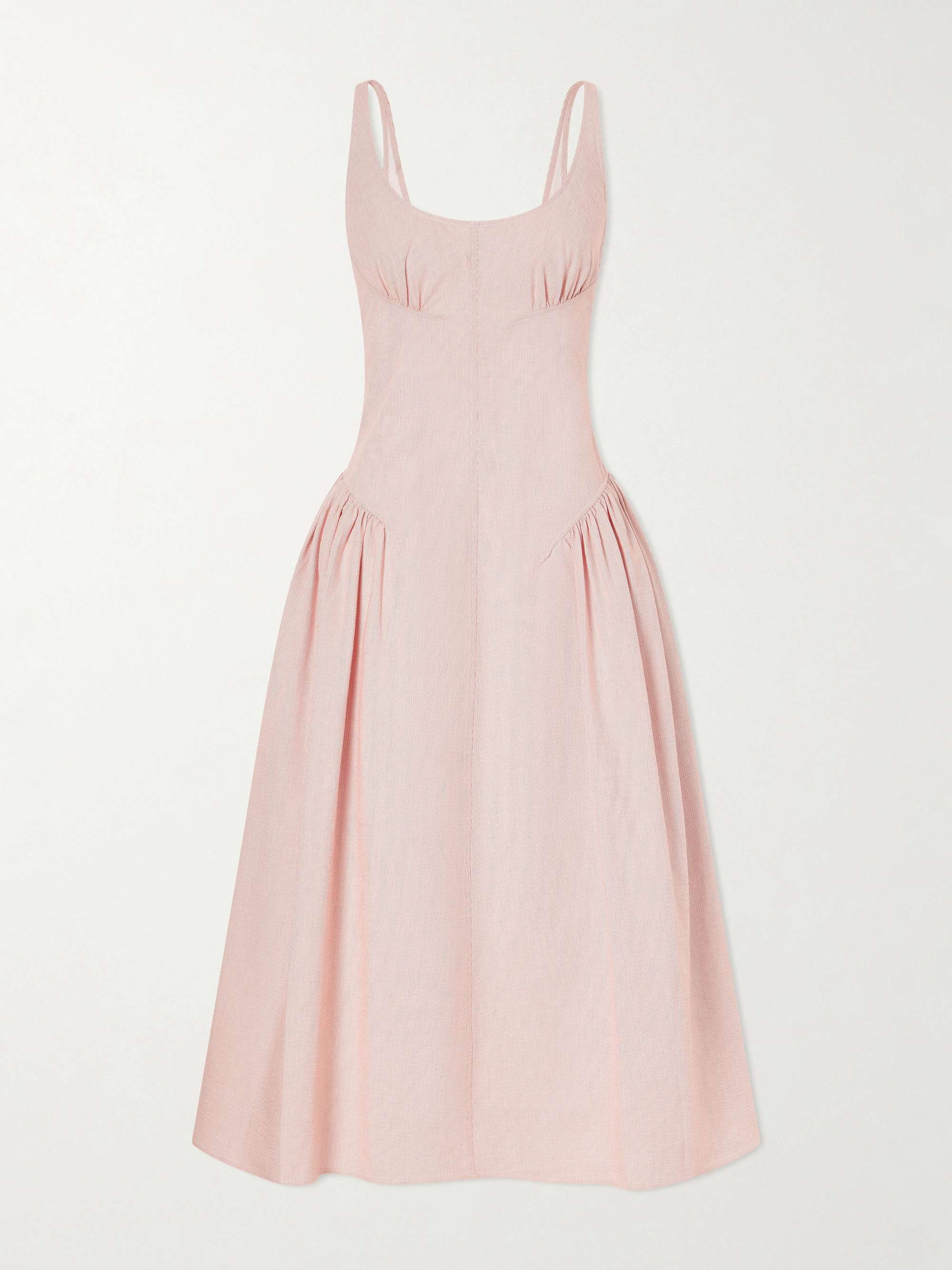 Solira Gathered Striped Cotton-Blend Seersucker Midi Dress