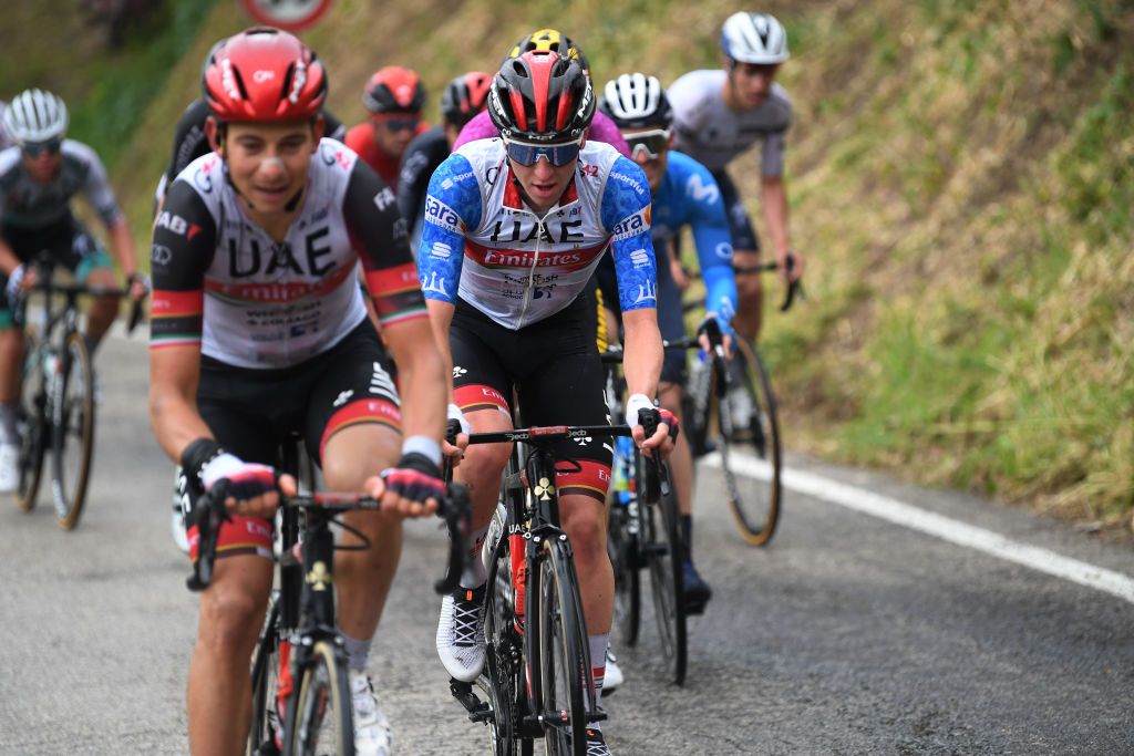 CASTELFIDARDO ITALY MARCH 14 Davide Formolo of Italy and UAE Team Emirates Tadej Pogacar of Slovenia and UAE Team Emirates Blue Leader Jersey during the 56th TirrenoAdriatico 2021 Stage 5 a 205km stage from Castellalto to Castelfidardo 175m TirrenoAdriatico on March 14 2021 in Castelfidardo Italy Photo by Tim de WaeleGetty Images
