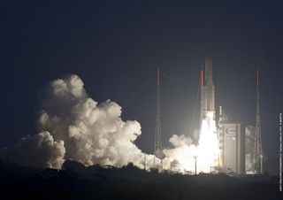 Ariane 5 lifts off from the Spaceport carrying a record payload mass with its Yahsat Y1A and Intelsat New Dawn satellite passengers.