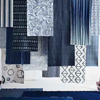 lively prints and wallcoverings in indigo denim blue hues