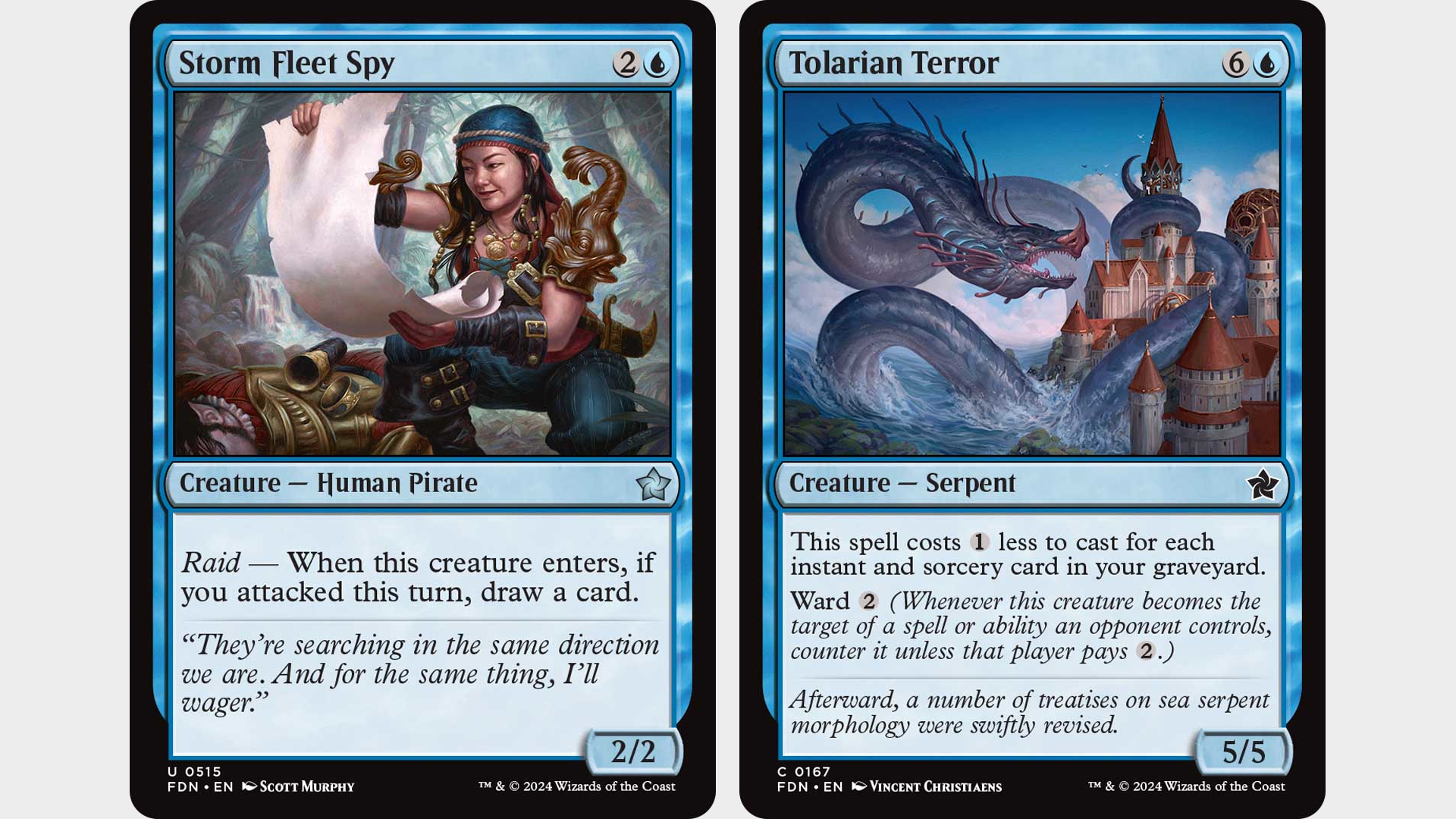 MTG Foundation cards showing a Storm Fleet Spy and Tolarian Terror, all against a plain background