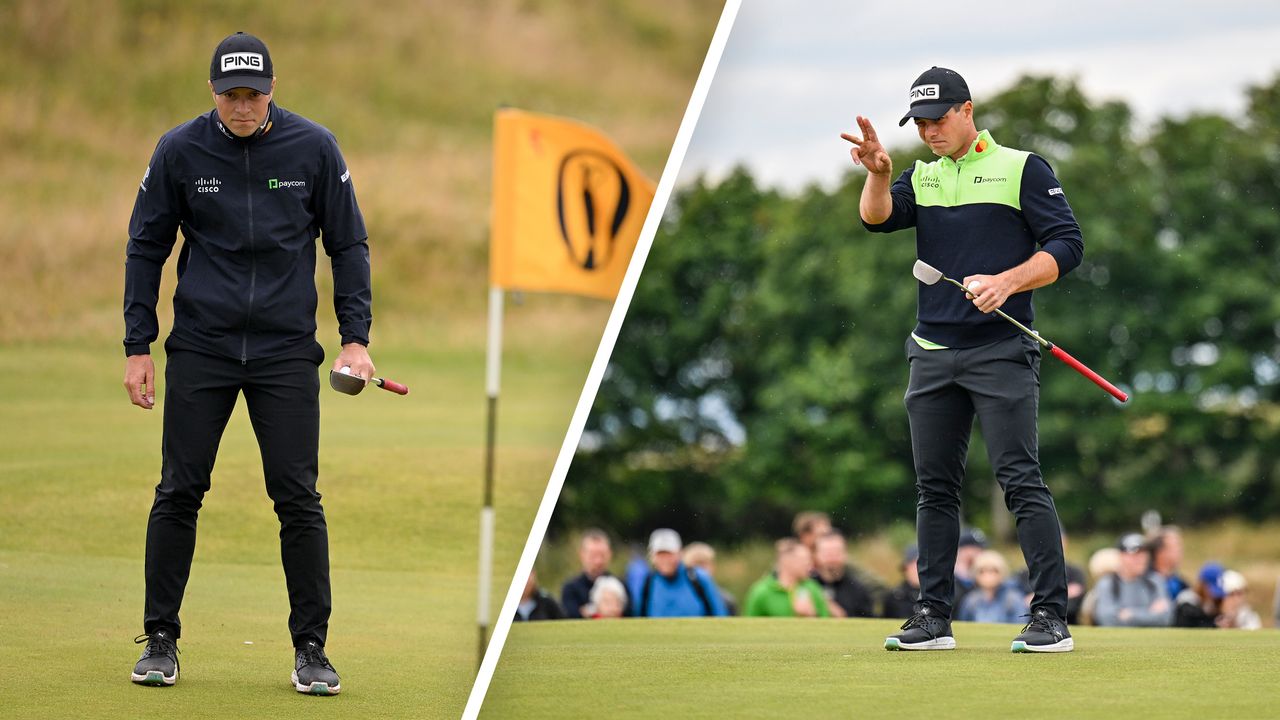 Viktor Hovland reading the putts on the green using AimPoint