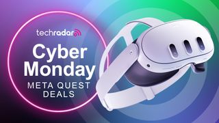 Meta Quest 3 on a purple background next to text that reads TechRadar Cyber Monday Meta Quest deals
