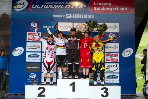 Women's downhill podium (left to right) Tracy Moseley, Emmeline Ragot, Sabrina Jonnier, Floriane Pugin, Myriam Nicole