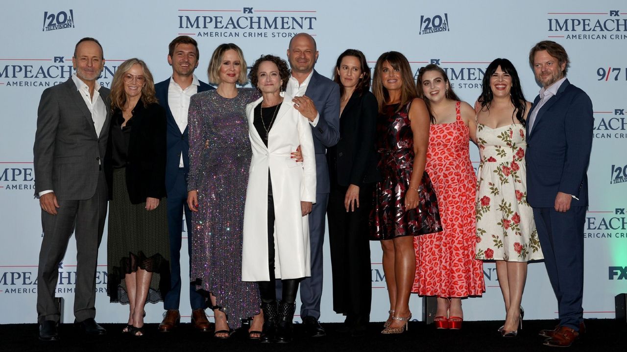 hairman of FX John Landgraf, President of 20th Television Karey Burke, Eric Kovtun, Sarah Paulson, Nina Jacobson, Bradford Simpson, Sarah Burgess, Monica Lewinsky, Beanie Feldstein, Alexis Martin Woodall and Michael Uppendahl attend the premiere of FX&#039;s &quot;Impeachment: American Crime Story&quot; at Pacific Design Center on September 01, 2021 in West Hollywood, California. 