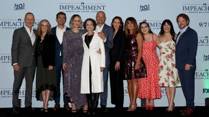 hairman of FX John Landgraf, President of 20th Television Karey Burke, Eric Kovtun, Sarah Paulson, Nina Jacobson, Bradford Simpson, Sarah Burgess, Monica Lewinsky, Beanie Feldstein, Alexis Martin Woodall and Michael Uppendahl attend the premiere of FX's "Impeachment: American Crime Story" at Pacific Design Center on September 01, 2021 in West Hollywood, California. 