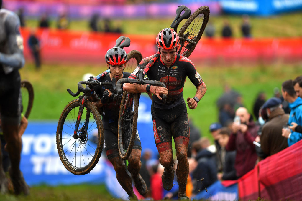 OVERIJSE BELGIUM OCTOBER 31 LR Lars Van Der Haar of The Netherlands and Team Baloise Trek Lions and Ryan Kamp of The Netherlands and Team Pauwels Sauzen Bingoal compete during the 62nd Druivencross Overijse UCI CycloCross Worldcup 2021 Mens Elite DruivencrossOverijse CXWorldCup UCIcyclocrossWC on October 31 2021 in Overijse Belgium Photo by Luc ClaessenGetty Images