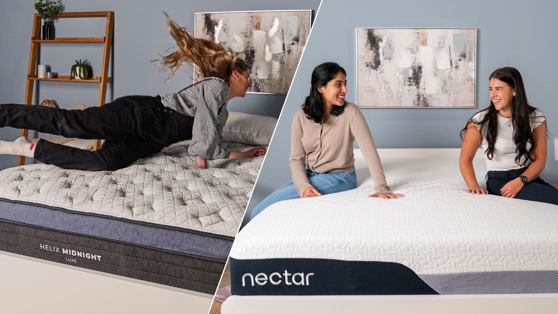 The left side of the image shows a woman wearing black dungarees jumping on top of a white mattress, while the right side of the image shows two dark haired woman sat on top of a white mattress in a side by side comparison