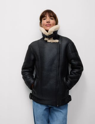 Faux Shearling Borg Lined Aviator Jacket