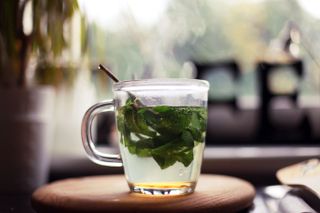 A glass mug of hot water with peppermint leaves inside