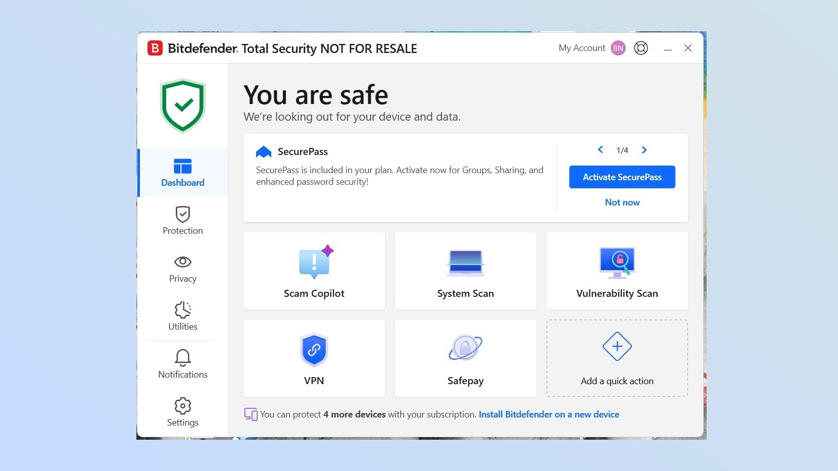 A screenshot showing Bitdefender's interface with Scam Copilot front and center where Quick Scan used to be