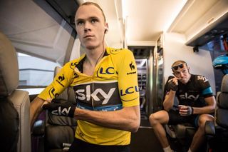 A focused Chris Froome on the Sky bus with Ian Stannard
