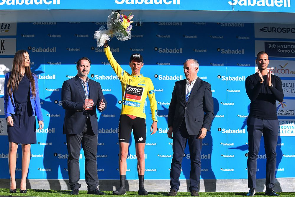 Manuel Senni in yellow after the opening team time trial in Valencia
