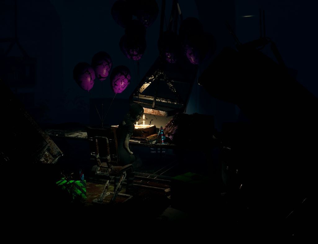 A green apparition sits near a birthday party setup and isn't as approachable as she seems.