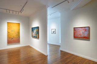 Installation view, ‘Friendship and Reconciliation: Zao Wou-Ki’. @ Visual Voices. Courtesy of Villepin. Artworks (from left to right): Zao Wou-Ki, Le vert caresse l’orange, 2005, Funérailles, 1949, 25.03.2004, 2004, Sans Titre, 1986