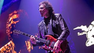 The English rock band Black Sabbath performs a live concert at Telenor Arena in Oslo. Here musician Tony Iommi on guitar is seen live on stage. Norway, 24/11 2013.