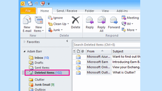 A screenshot of Outlook 2010 showing the menu displaying all recently deleted emails