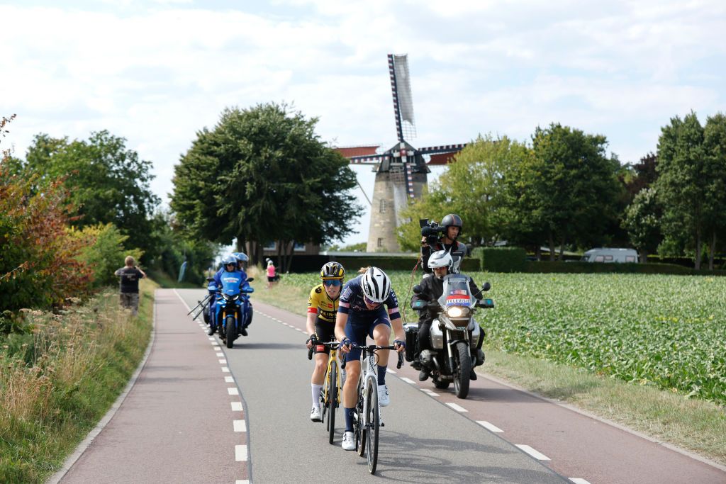 LANDGRAAF NETHERLANDS SEPTEMBER 02 Anna Henderson of United Kingdom and Jumbo Visma Team and Julie Van De Velde of Belgium and Team PlanturPura compete in the breakaway during the 25th Simac Ladies Tour 2022 Stage 4 a 1352km stage from Landgraaf to Landgraaf SLT2022 UCIWWT on September 02 2022 in Landgraaf Netherlands Photo by Bas CzerwinskiGetty Images