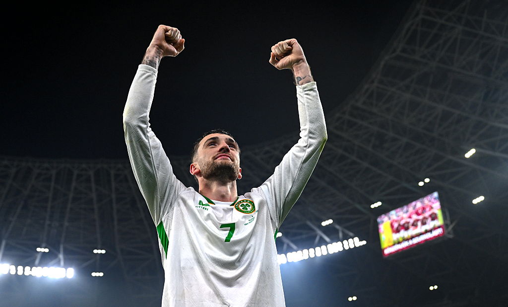 Hungary , Hungary - 16 November 2025; Troy Parrott of Republic of Ireland celebrates after the FIFA World Cup 2026 Group F Qualifier match between Hungary and Republic of Ireland at Pusk&amp;aacute;s Ar&amp;eacute;na in Budapest, Hungary. (Photo By Stephen McCarthy/Sportsfile via Getty Images)