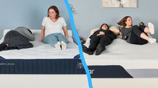On the left, mattress testers Lauren Jeffries and Ruth Jones (l-r) test out the motion isolation of the DreamCloud Classic Hybrid Mattress in our Sleep Lab by moving on the bed. On the right, mattress testers Lauren Jeffries and Ruth Jones (l-r) test out the motion isolation of the Nectar Premier Memory Foam Mattress in our Sleep Lab by jumping on the bed.