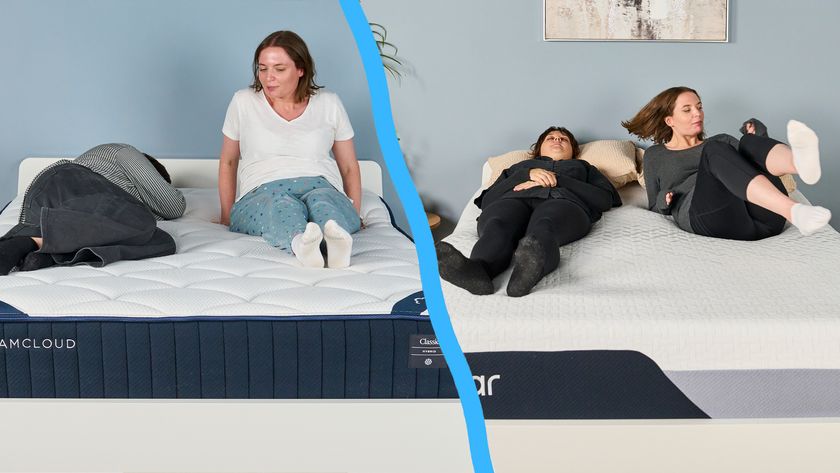 On the left, mattress testers Lauren Jeffries and Ruth Jones (l-r) test out the motion isolation of the DreamCloud Classic Hybrid Mattress in our Sleep Lab by moving on the bed. On the right, mattress testers Lauren Jeffries and Ruth Jones (l-r) test out the motion isolation of the Nectar Premier Memory Foam Mattress in our Sleep Lab by jumping on the bed.