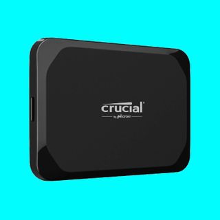 Crucial X9 external SSD on a light blue background