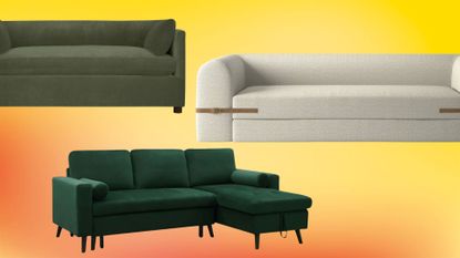 two green and one white sleeper sofas