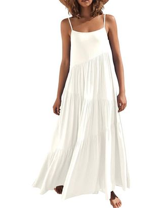 Anrabess Damen-Sommerkleid, lässig, locker, ärmellos, Spaghettiträger, Sommerkleid, fließendes Boho-Leinen, Strandurlaub, Maxi-langes Kleid 2024, Weiß, X-Large