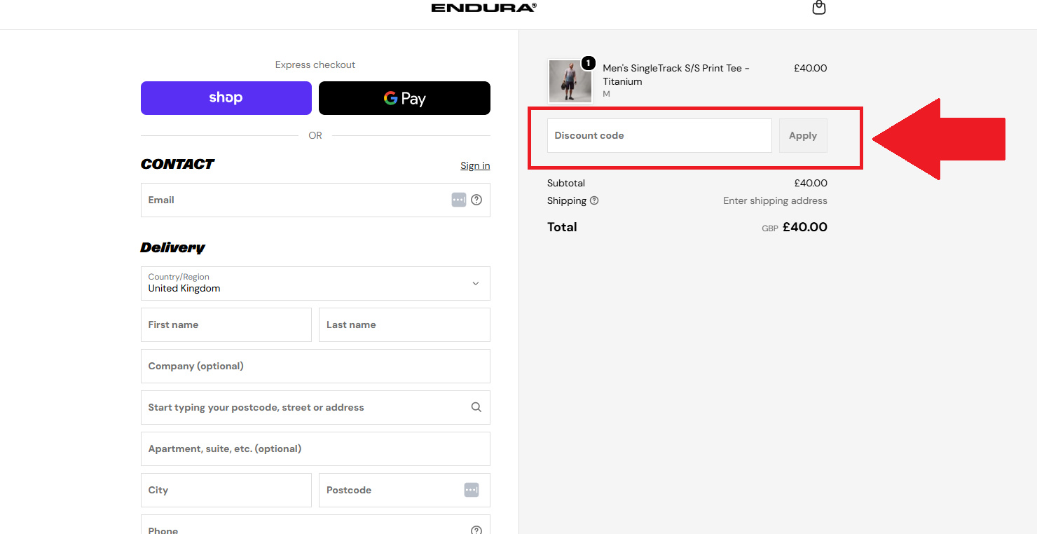 A screenshot of the endura checkout page showing how to use an endura promo code