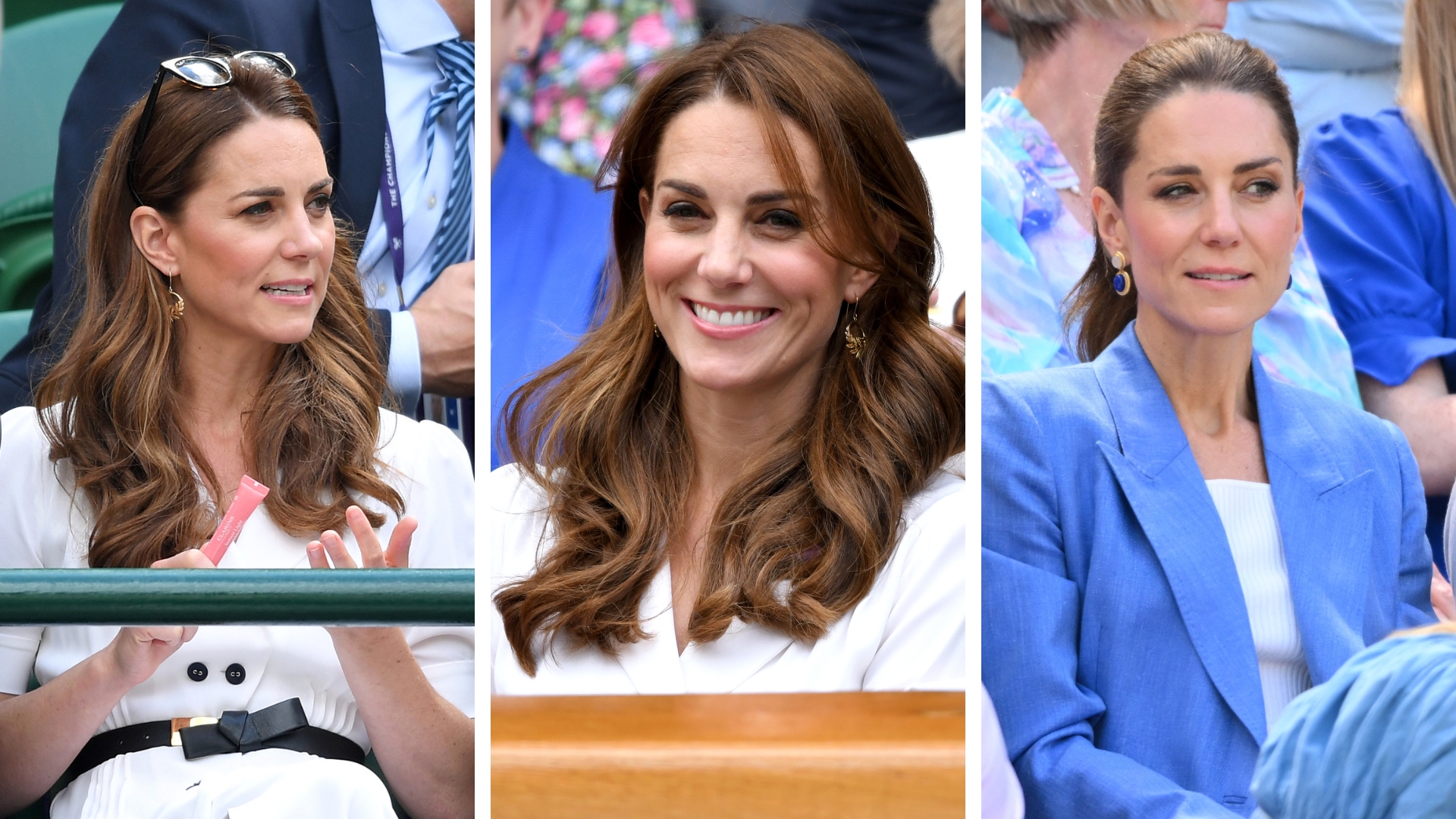 On the left is a picture of The Princess of Wales holding the Clarins Lip Perfector on day two of the Wimbledon July 02, 2019, followed by another picture of her from the same day, wearing the product on her lips and then, on the right is a picture of her wearing a blue blazer and a similar lip colour to the one in 2019, at Wimbledon on July 2nd, 2026.