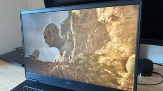 HP Omen 17 gaming laptop screen close up, running The Talos Principle 2 benchmark